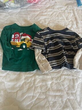 Old Navy Green Holiday Truck Tee & Navy Striped Layered-Look Top